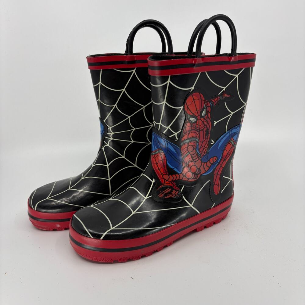 Marvel Spider-Man Kids Rain Boots Size 11 Black Red Rubber Pull Handle Wellies